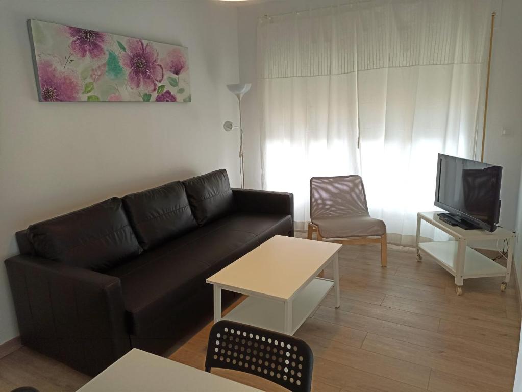 a living room with a black couch and a tv at El Jardin BeNerja in Nerja