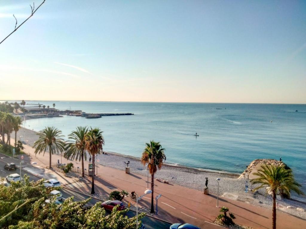 a view of a beach with palm trees and the ocean at Apartment L'Angelina-1 by Interhome in Cros-de-Cagnes