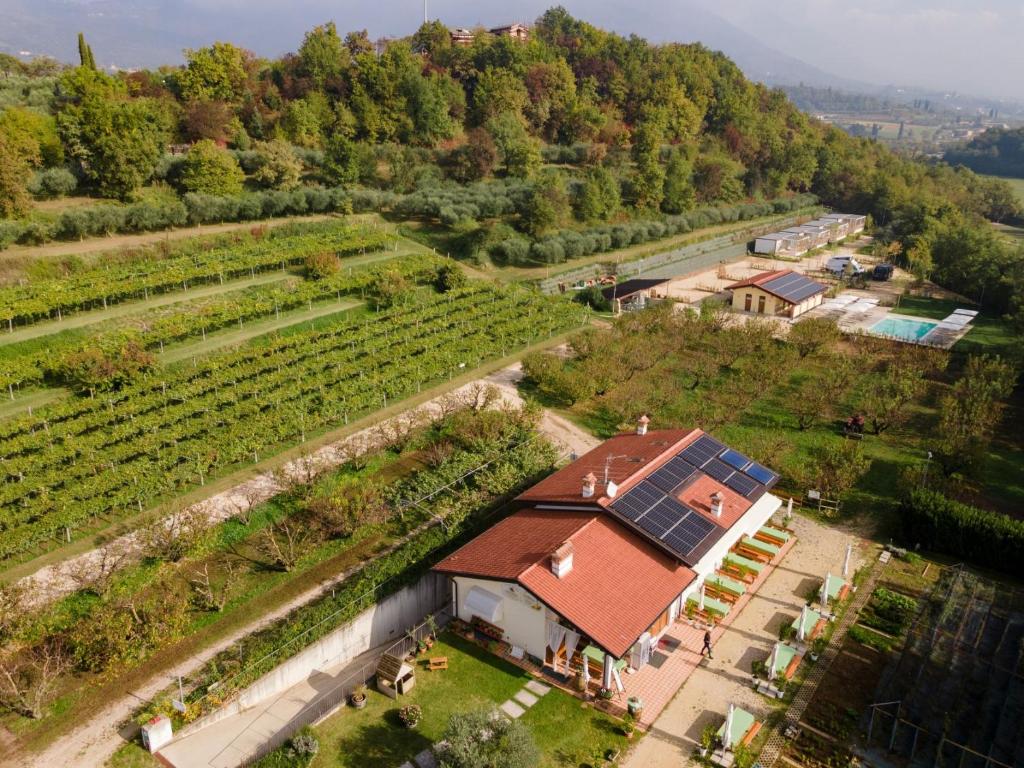 eine Luftansicht eines Betriebs mit einem Gebäude und einem Feld in der Unterkunft Agriturismo Agricamping GARDA NATURA in Costermano sul Garda