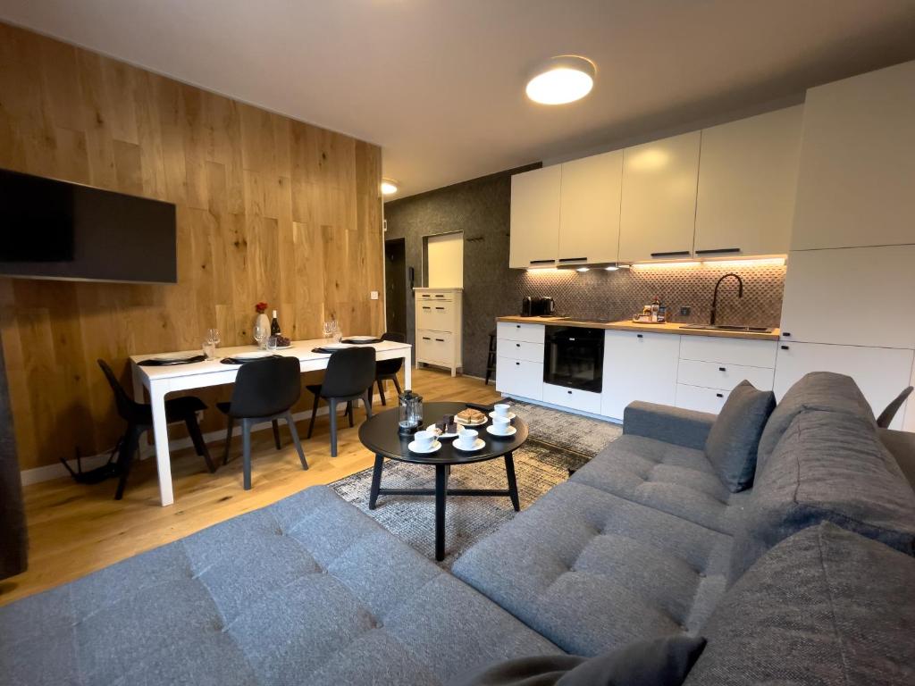 sala de estar con sofá, mesa y cocina en URBAN APARTMENTS Premium No 3 Chorzów Katowice, FREE PRIVATE PARKING, en Chorzów
