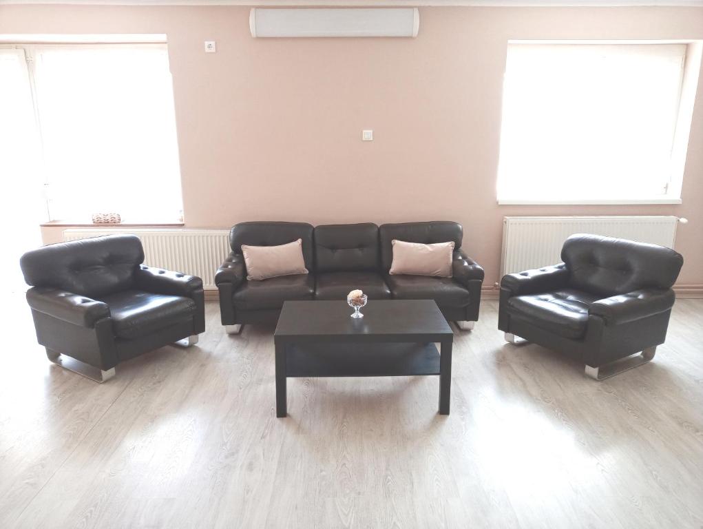Sala de estar con 2 sofás de cuero y mesa de centro en Stardust apartman, en Pécs