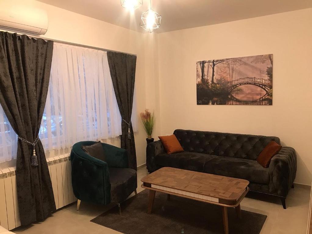 a living room with a couch and a chair at Blue Sky in Skopje