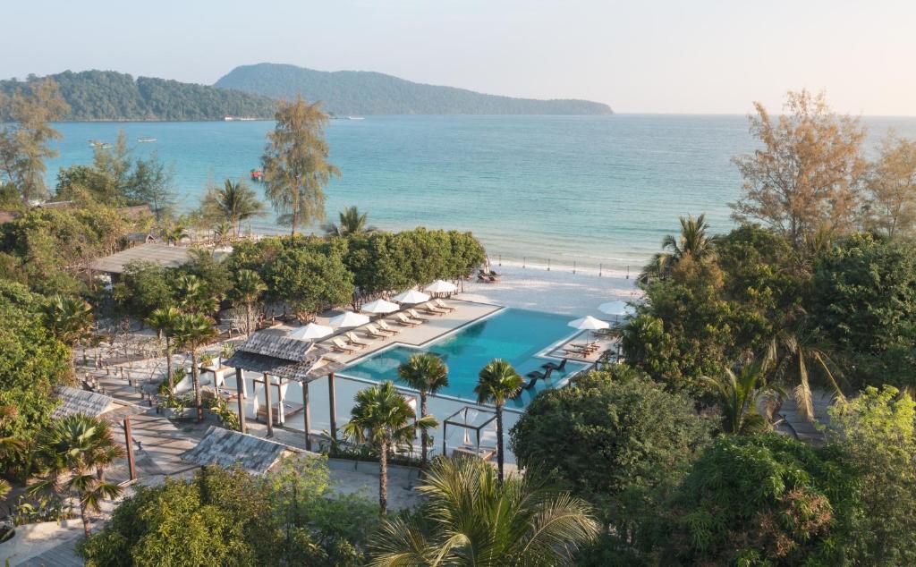 an aerial view of the resort and the beach at La Passion by Achariyak in Koh Rong Sanloem