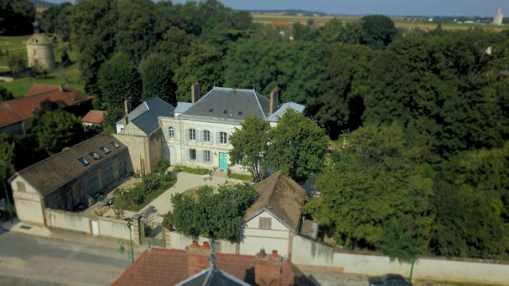 eine Luftansicht eines großen weißen Hauses mit Bäumen in der Unterkunft YXIE - Manoir des Arts in Villeblevin