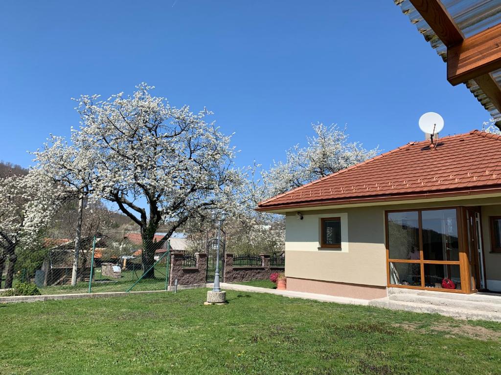una casa con un albero da fiore nel cortile di Chata Aurelia a Nová Baňa