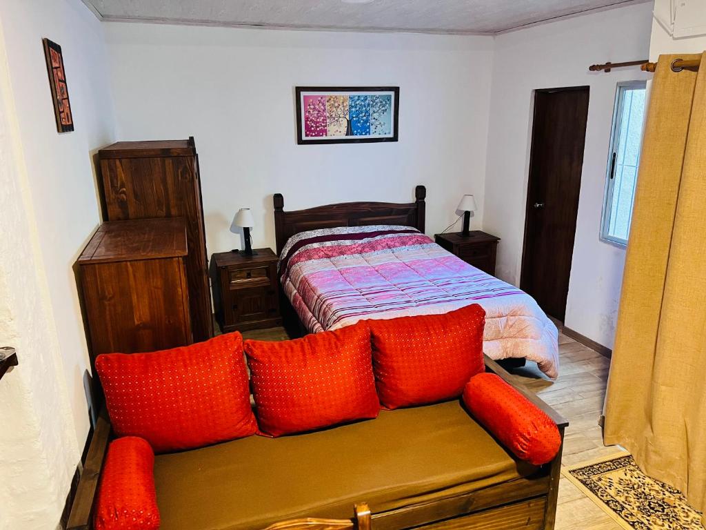 a bedroom with a bed and a couch with red pillows at Monoambiente en Durazno in Durazno