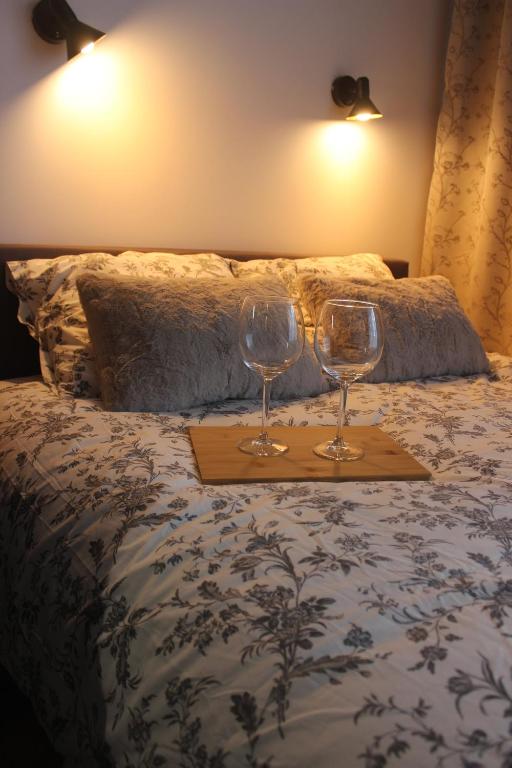 ウォミアンキにあるApartament Chopinaのベッドの上に座るワイングラス2杯