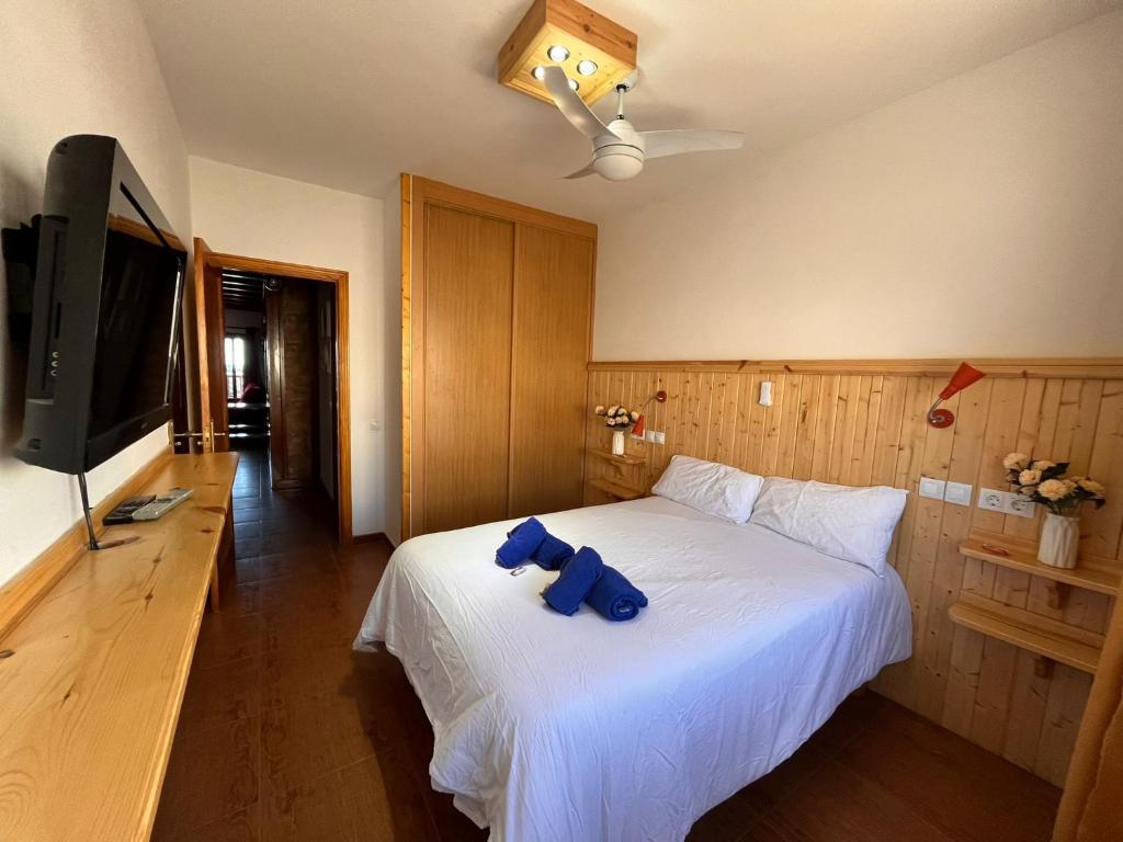 un ours en peluche bleu assis sur un lit dans une chambre dans l'établissement Casa Las Nasas, à El Cotillo