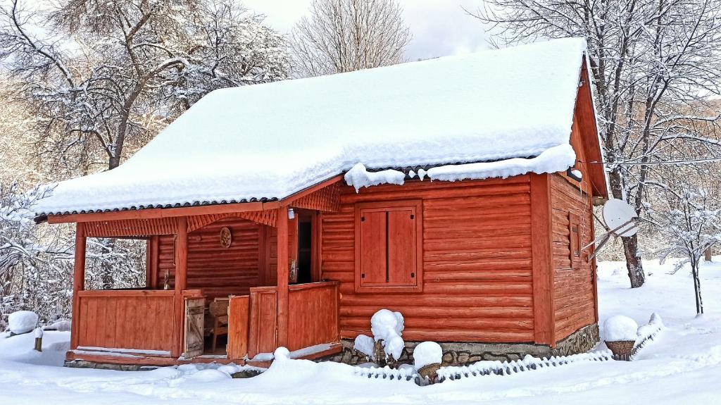 eine Holzhütte mit Schnee auf dem Dach in der Unterkunft Еко Садиба Під Полониною in Sasivka