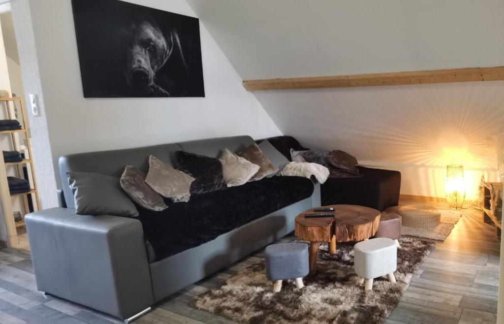 uma sala de estar com um sofá e uma mesa em Gîte la source de la bruche em Bourg-Bruche