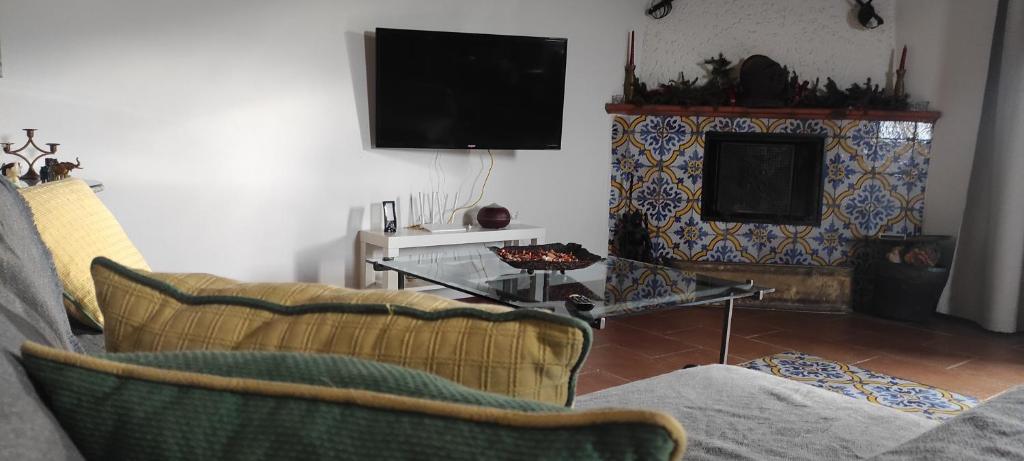 a living room with a couch and a fireplace at Cottage in fattoria in Isnello