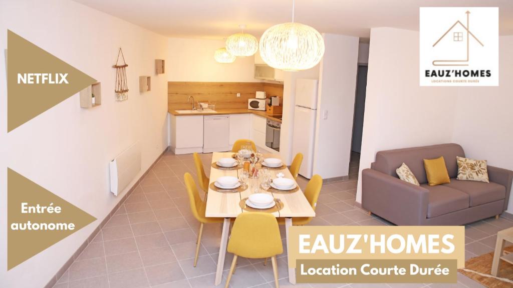a living room with a dining table and a kitchen at #Sweet Moments By Eauz'Homes -WiFi-Netflix in Eauze