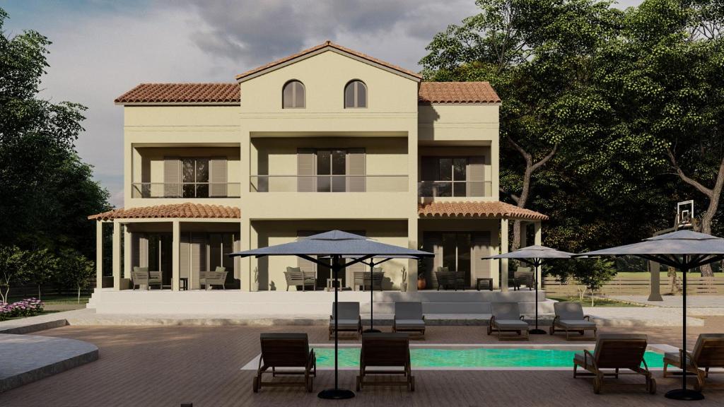 a building with chairs and umbrellas next to a pool at Villa Elegio by CorfuEscapes in Kavos