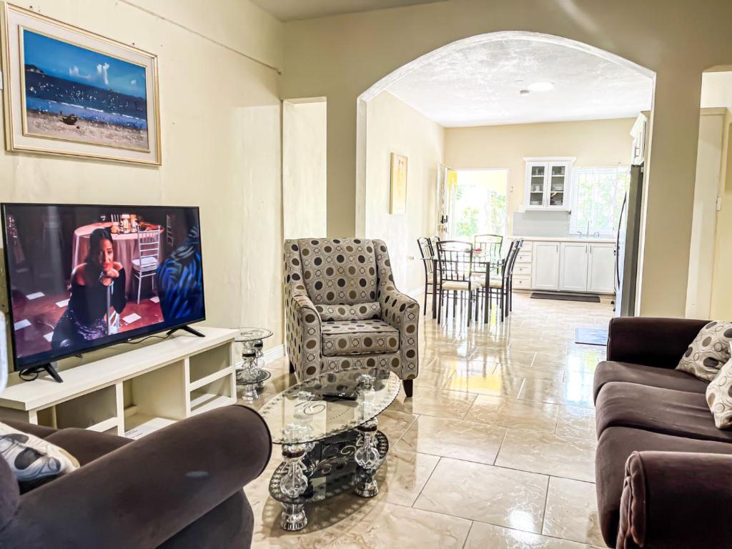 a living room with two couches and a flat screen tv at Red Hassell Manor in Port Antonio