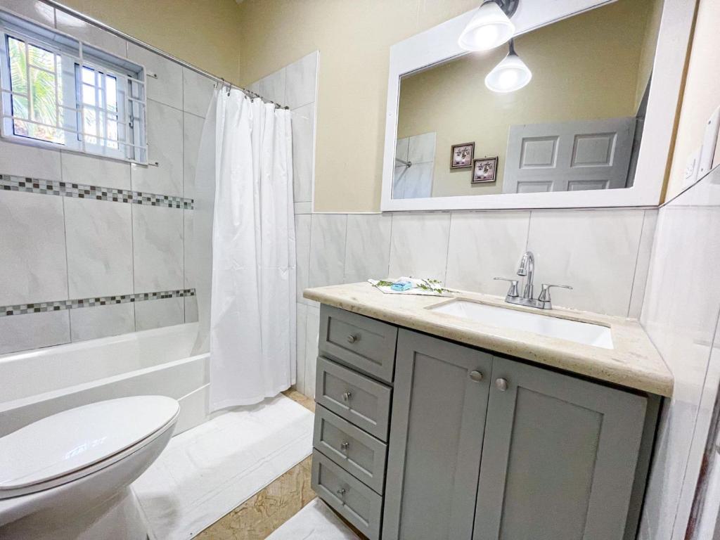 a bathroom with a sink and a toilet and a tub at Red Hassell Manor in Port Antonio