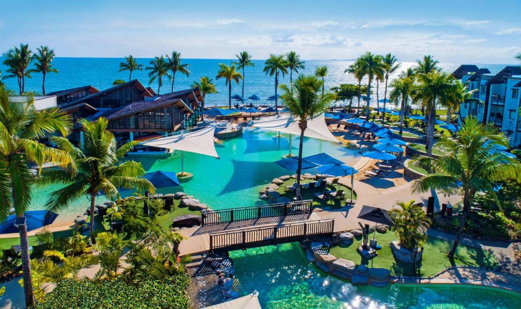 an aerial view of the pool at the resort at Radisson Blu Resort Fiji in Denarau