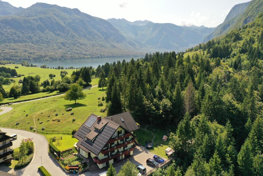 an aerial view of a house in the mountains at Apartments Bohinj Mavrica in Bohinj