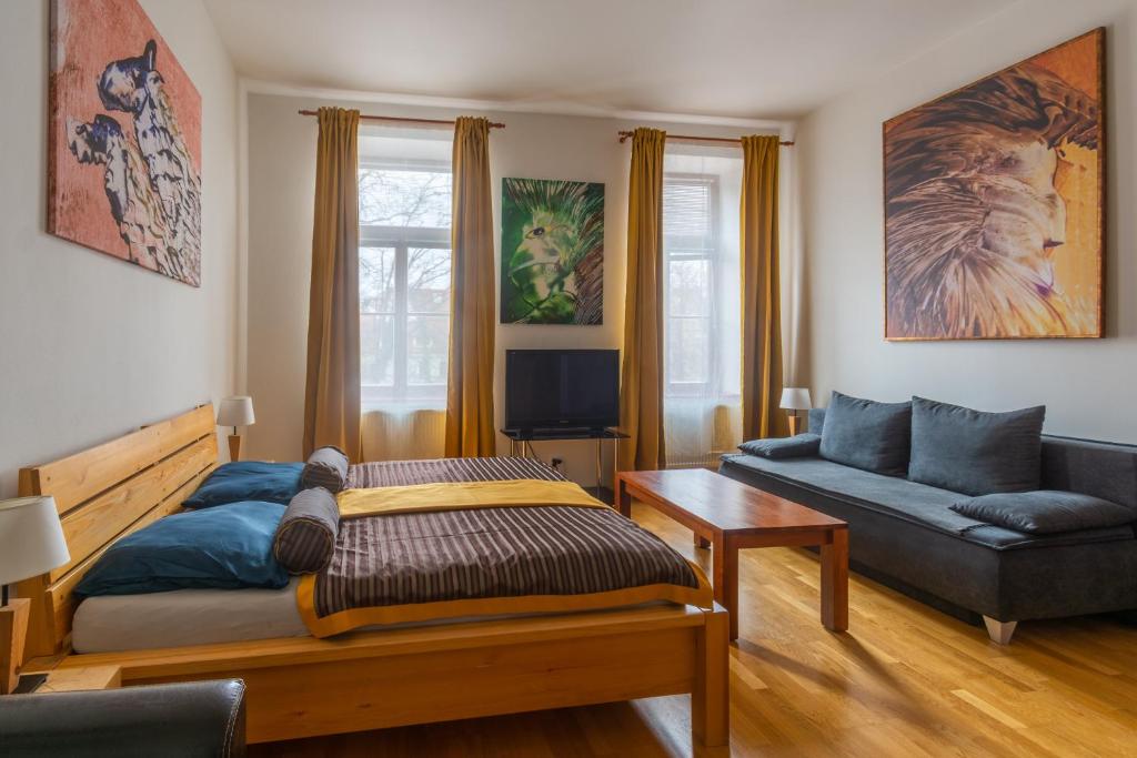 Apartment Sirius D in center of CB. في تشيسكي بوديوفيتسه: غرفة معيشة مع سرير وأريكة