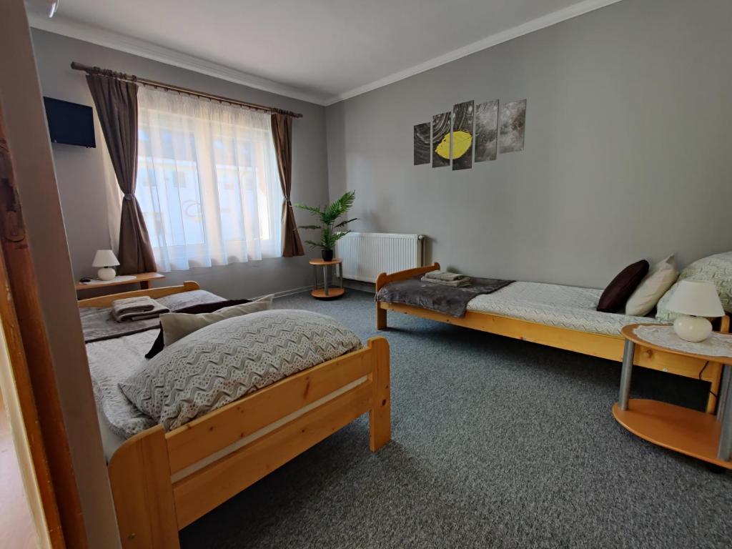 een slaapkamer met twee bedden en een raam bij Katalin Apartmanház in Miskolctapolca