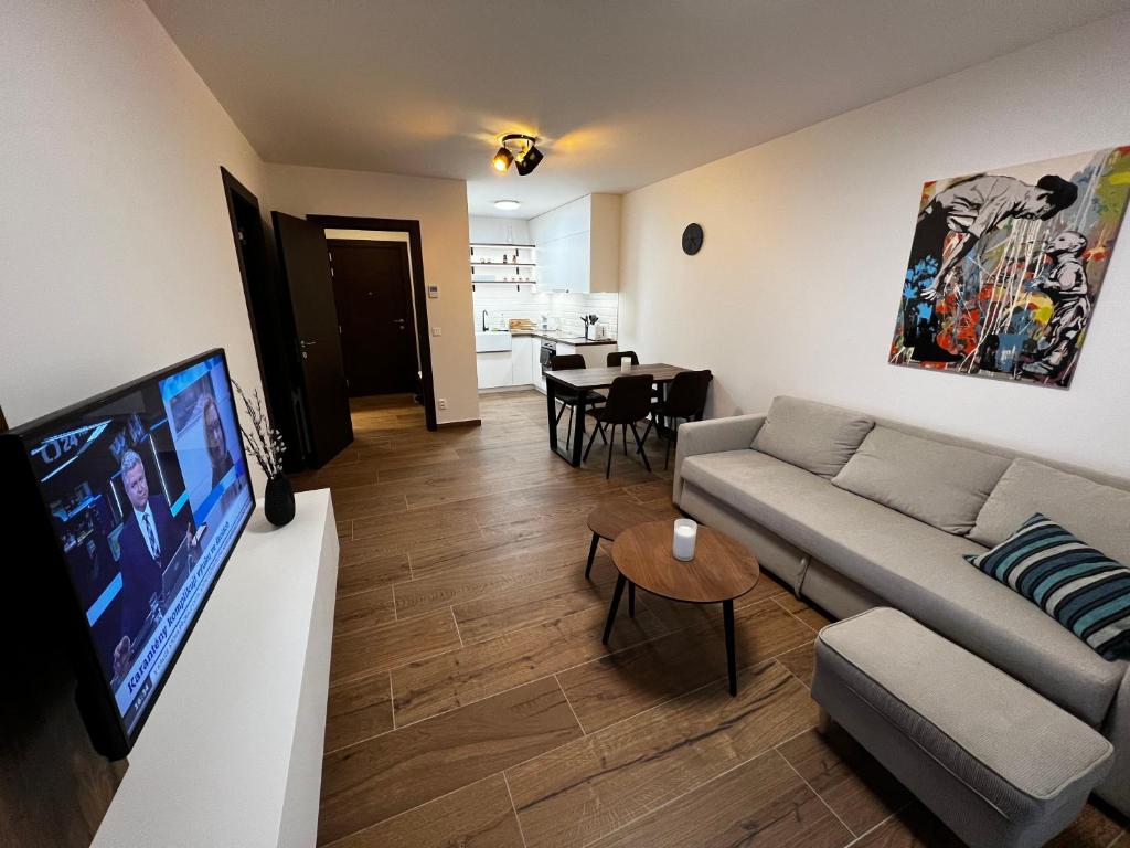 sala de estar con sofá y TV de pantalla plana en Apartmán U Satoshiho en Olomouc
