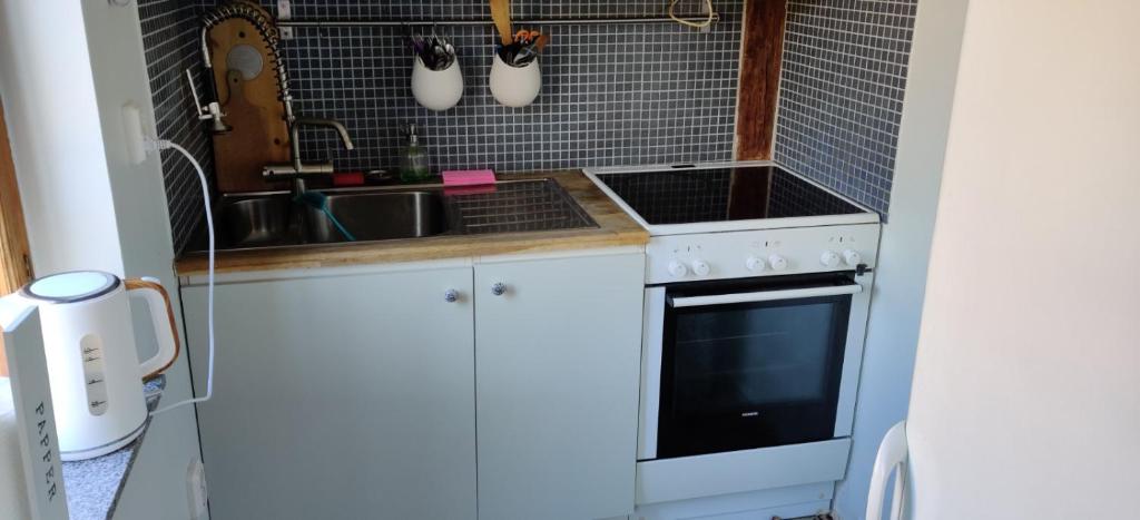 a small kitchen with a sink and a stove at Beautiful apartment close to lake Mälaren in Södertälje