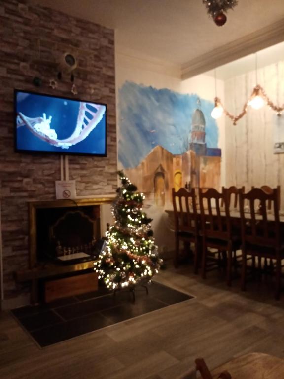 un arbre de Noël dans un salon avec une cheminée dans l'établissement studio au pied de la cathedrale notre dame, à Boulogne-sur-Mer
