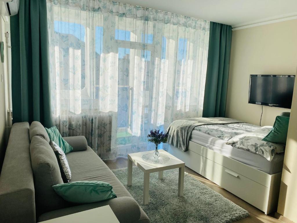 sypialnia z kanapą, łóżkiem i oknem w obiekcie Zrinyi Central Apartman with free parking w Nyíregyházie