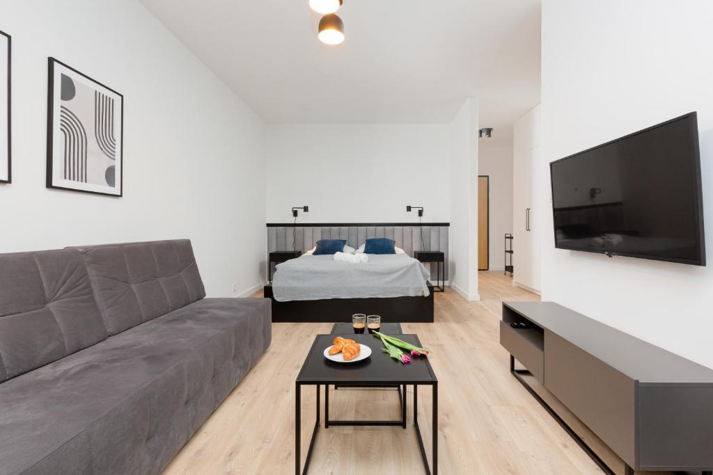 Televízia a/alebo spoločenská miestnosť v ubytovaní Artistic Żoliborz Apartments by Noclegi Renters