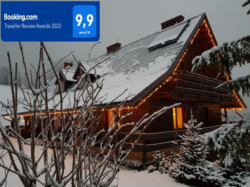 ヴィスワにあるWiślański Domek z Bajkiの雪に覆われたログキャビン
