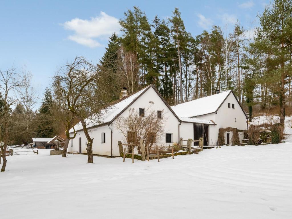 een wit huis in de sneeuw met bomen bij Holiday Home Benešov nad Černou by Interhome in Dluhoště
