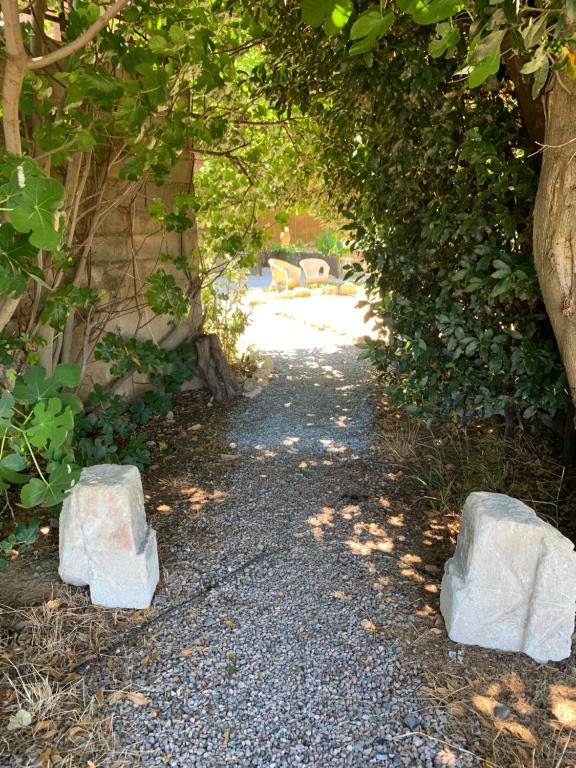 un chemin avec deux rochers sur le côté dans l'établissement Douceur de Vignes, à Servian