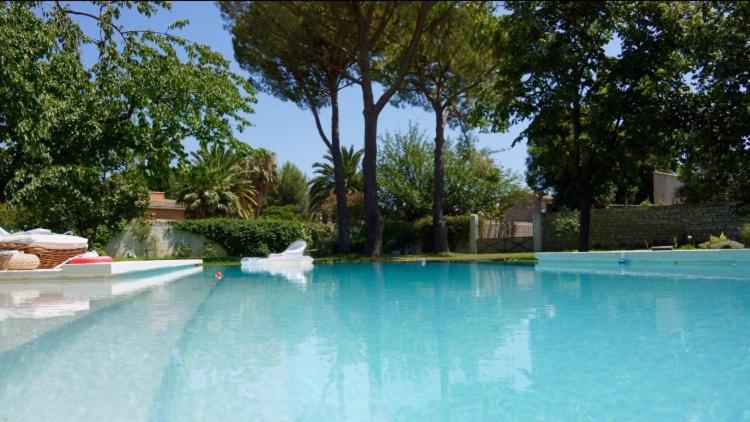 uma grande piscina de água azul com árvores ao fundo em Maison Antonia em Marsillargues