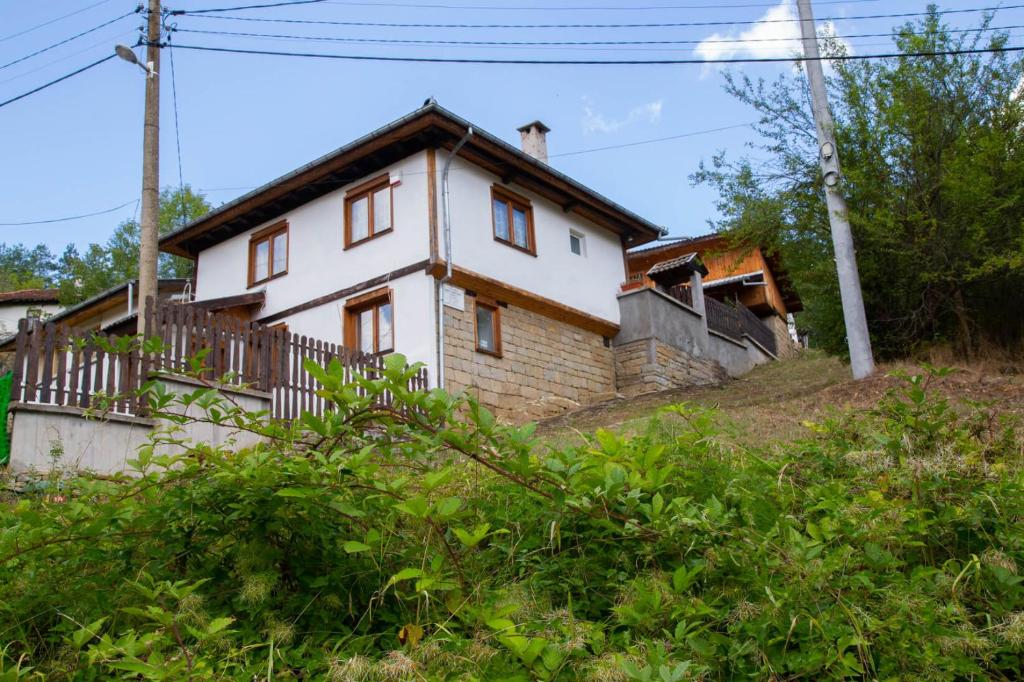 una casa blanca en una colina con arbustos en Йовчовата къща en Plachkovtsi