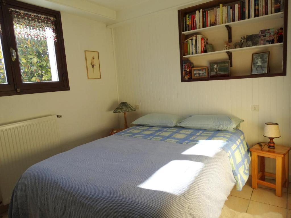 a bedroom with a bed and a book shelf at Chez Laurette et Louis in Ugine