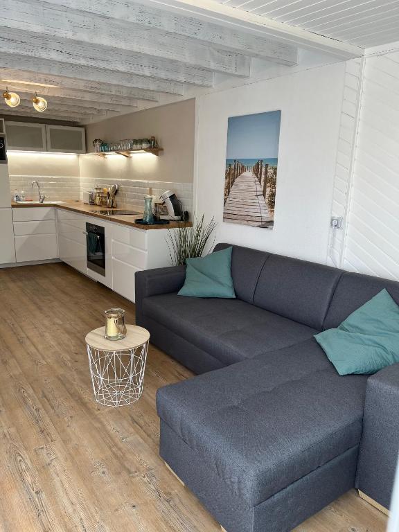 un salon avec un canapé et une cuisine dans l'établissement Maisonnette à 300 m du lac de Biscarrosse, à Biscarrosse