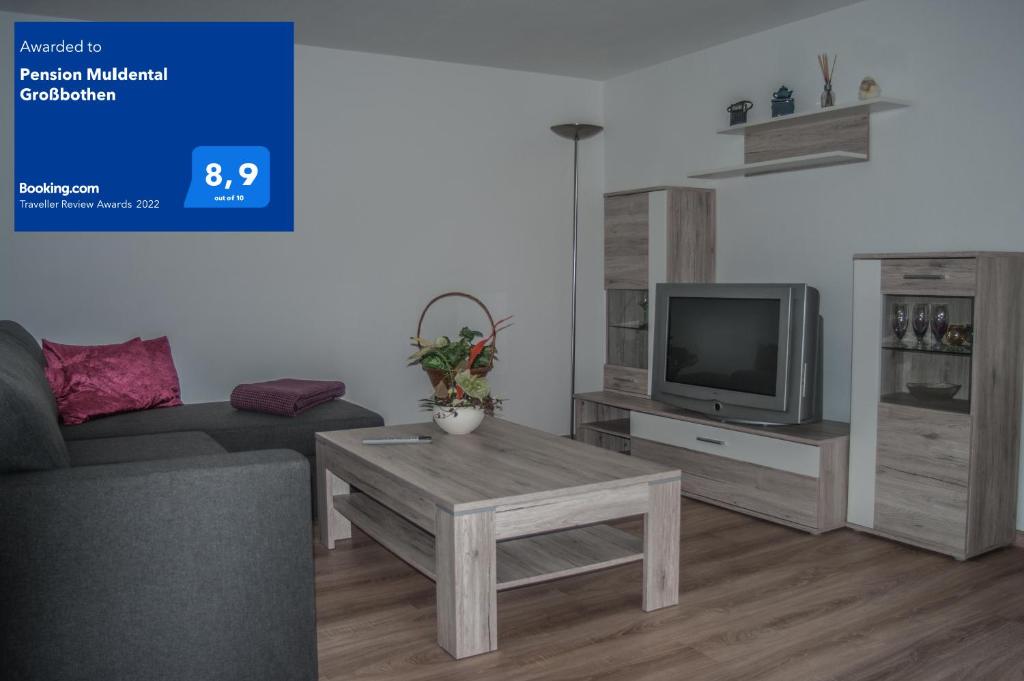 a living room with a couch and a table and a tv at Pension Muldental Großbothen in Grimma