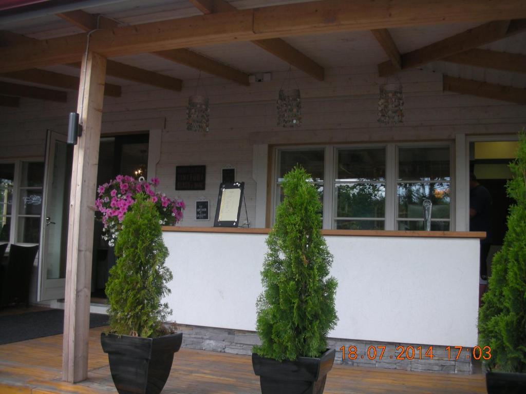 two potted trees sitting in front of a store at Majatalo & Ravintola Villa Emilia in Ypäjä