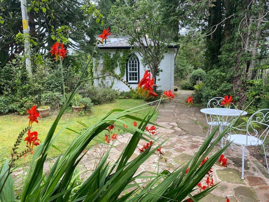 einen Garten mit roten Blumen und einem weißen Gebäude in der Unterkunft Holly Cottage. Romantic Getaway. Tourist base. in Harker