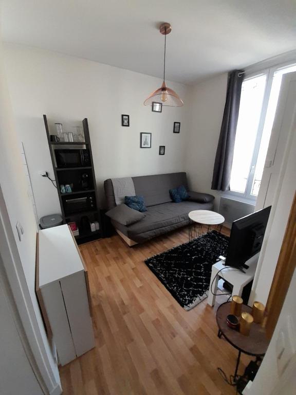 a living room with a couch and a table at Cosy 2 pièces typiquement parisien à Notre-Dame in Paris