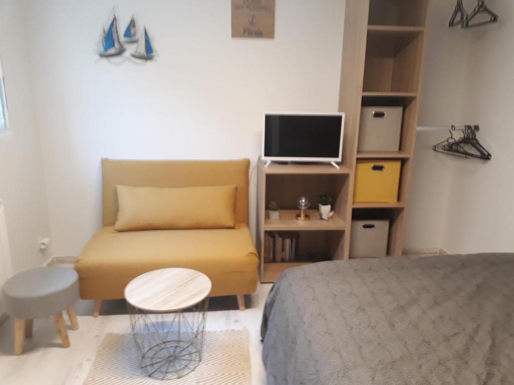 1 dormitorio con cama, sofá y TV en les mouettes en Plérin