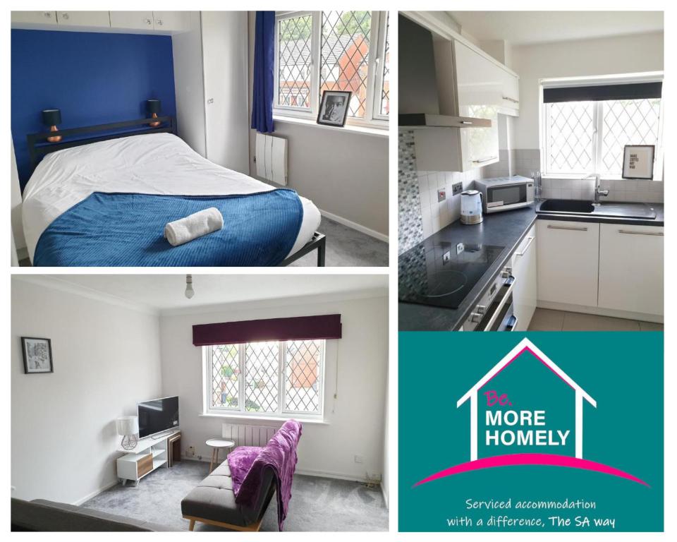 a collage of three pictures of a kitchen and a bedroom at One Bedroom Apartment hosted Be More Homely Serviced Accommodation & Apartments Birmingham With X1 King Beds Sleeps 4 in Birmingham