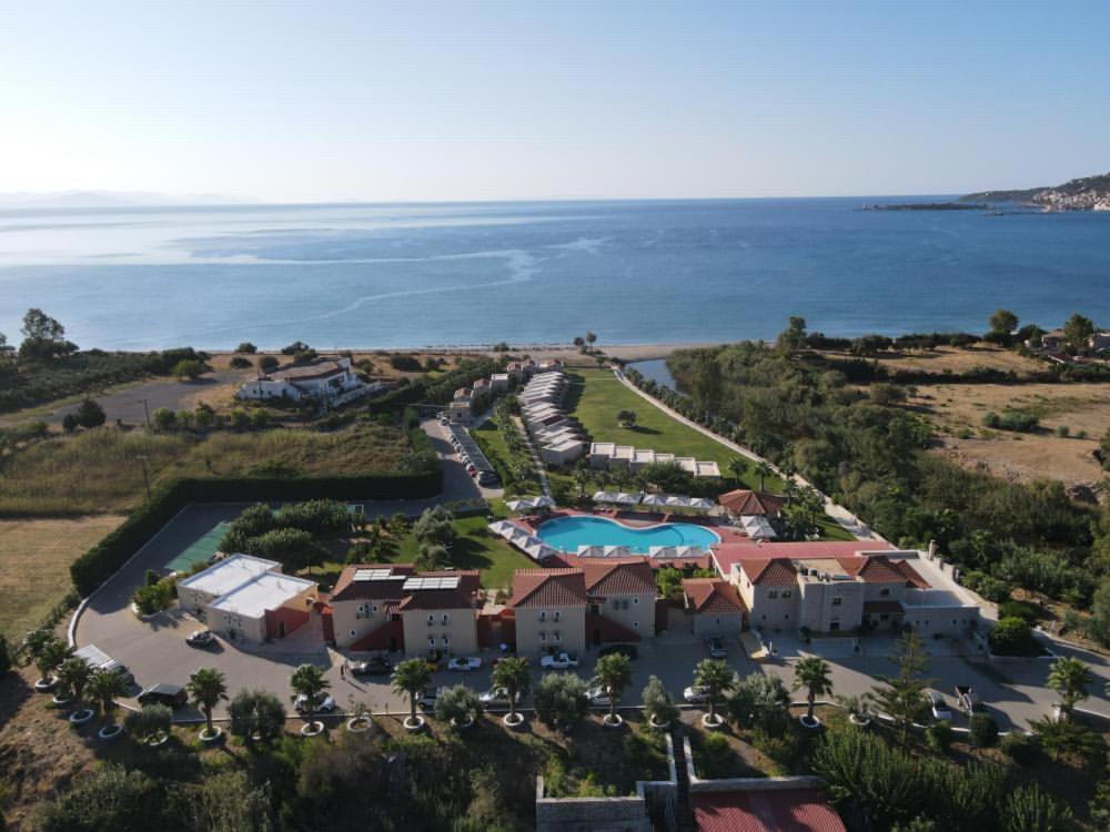 an aerial view of a resort near the ocean at Aktaion Resort in Gythio