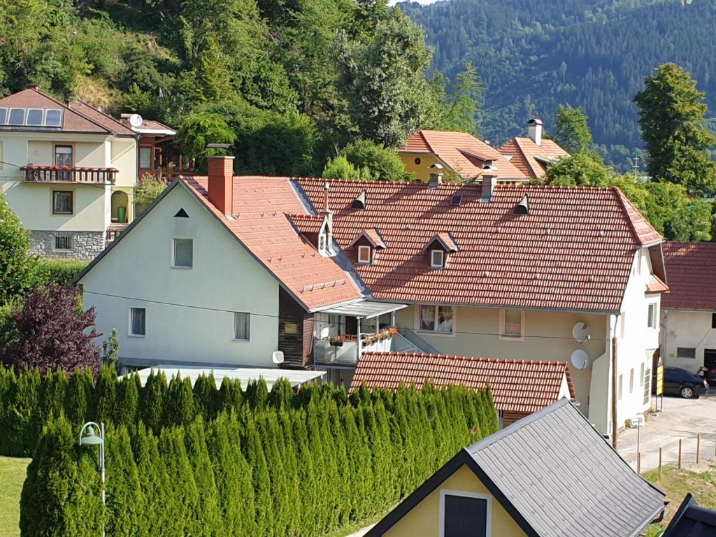 eine Reihe von Häusern in einem Dorf mit einem Weinberg in der Unterkunft Lerchenhof in Friesach