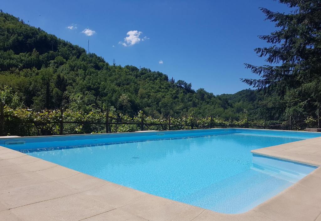 una piscina con una montagna sullo sfondo di Il Bosco di Campo Marzano Garden Apartments a Borzonasca