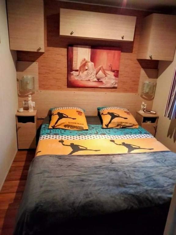 A bed or beds in a room at Mobil-home dans Camping L&#39;Oasis 5 &eacute;toiles &agrave; Puget-sur-Argens
