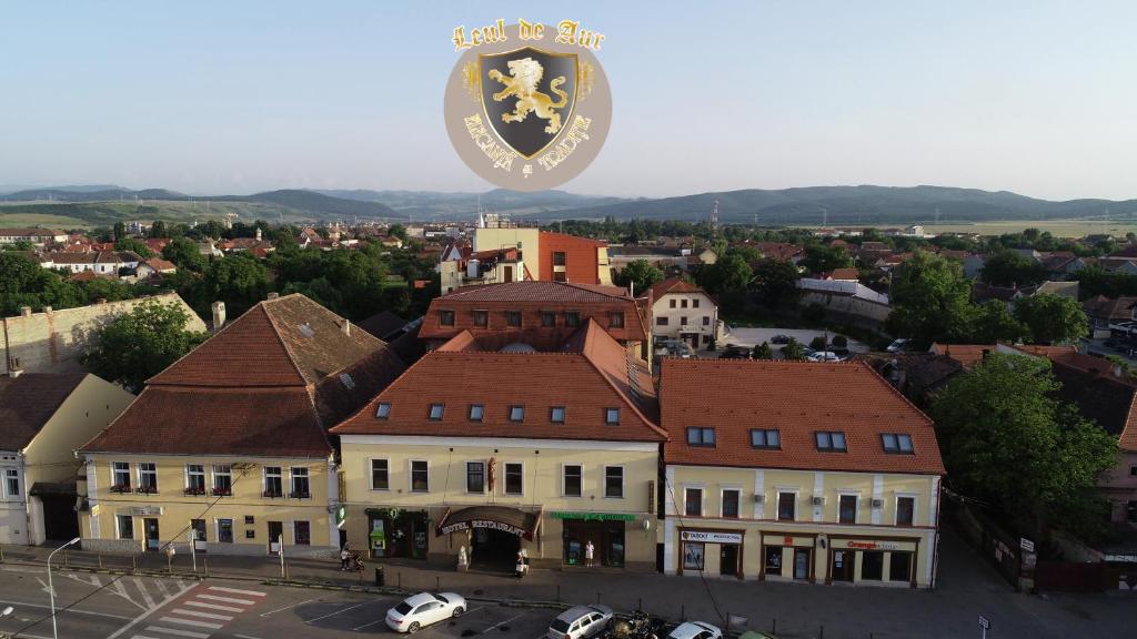 vistas a una ciudad con edificios y coches en Hotel Leul de Aur en Sebeş