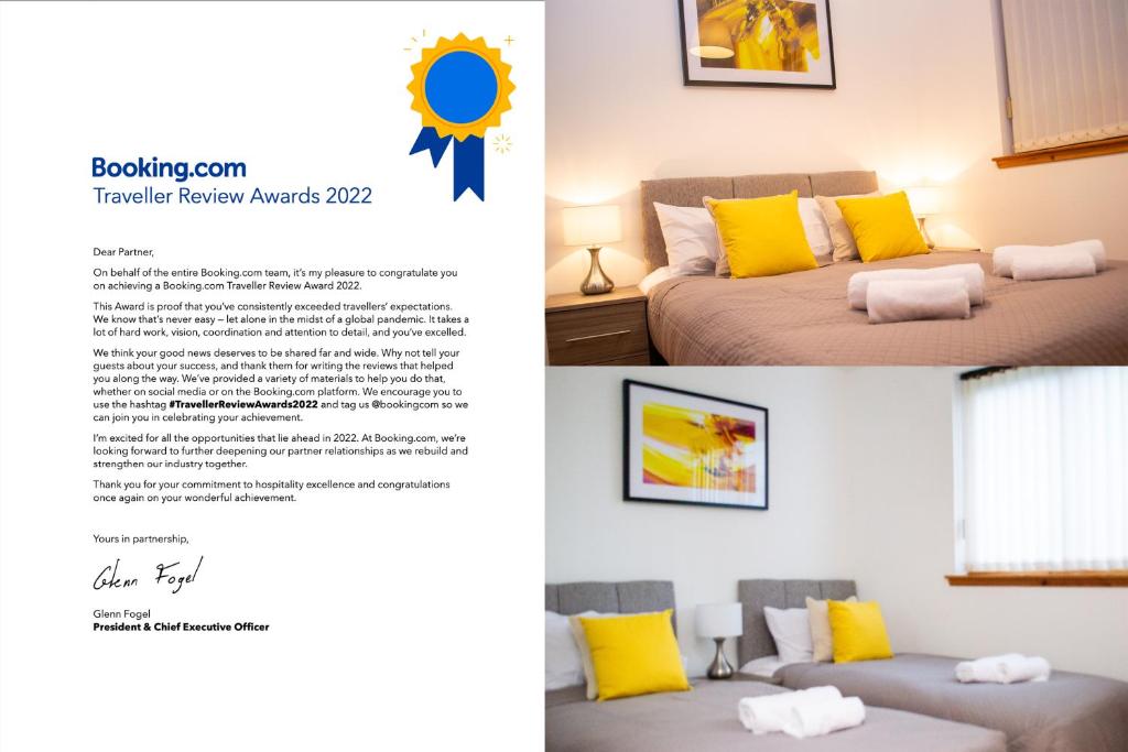 a brochure of a bedroom with a bed and yellow pillows at Superb 2 Bedroom Flat in Inverness