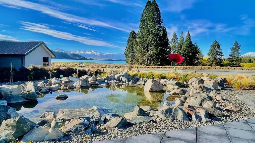 a pond in a garden with rocks and a tree at Alice Garden in Lake Tekapo