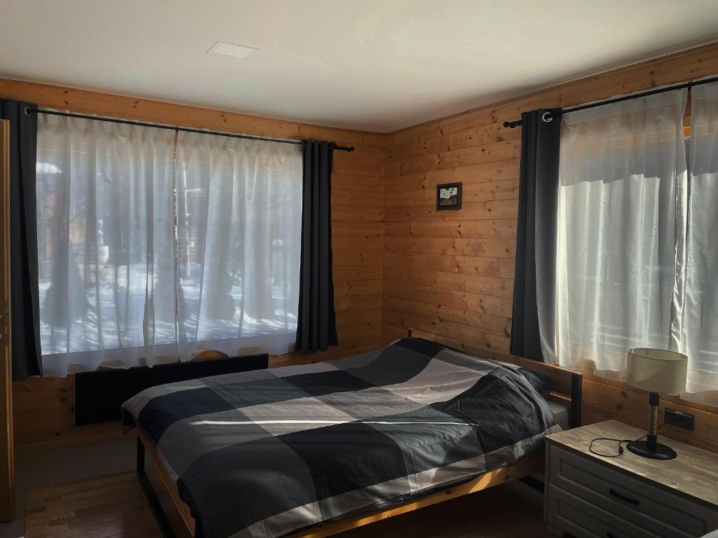 a bedroom with a bed and two windows at Alexandar studio apartman in Mokra Gora