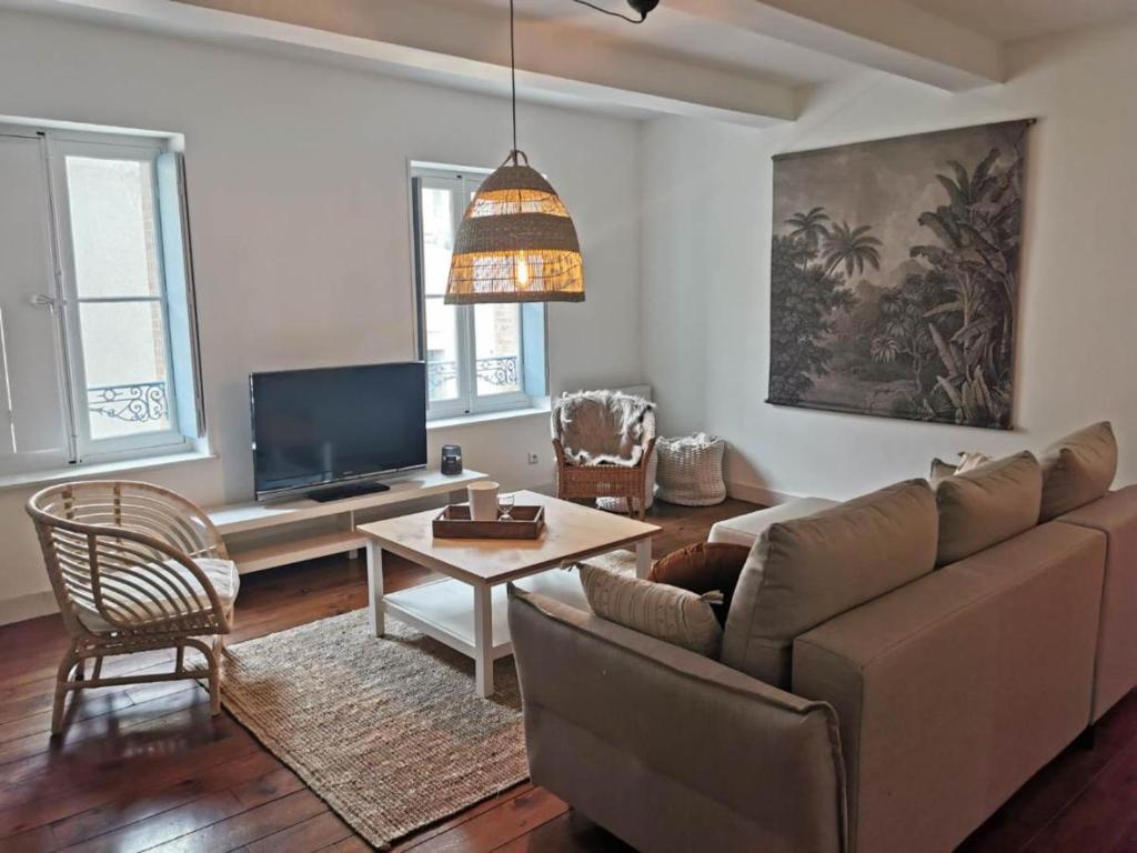un salon avec un canapé et une table dans l'établissement SANTOCHA : appartement en plein coeur de ville !, à Carcassonne